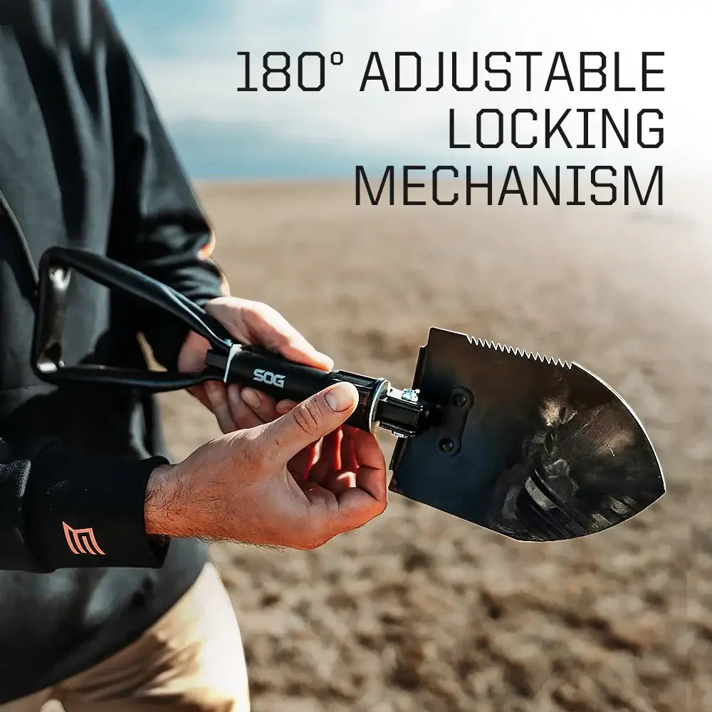 SOG Folding Shovel, Outdoor Camping Supplies, 18.25 Inch Folding Survival Shovel with Saw Edge and Tactical Shovel Carry Case