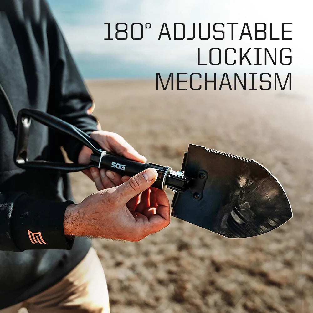 SOG Folding Shovel, Outdoor Camping Supplies, 18.25 Inch Folding Survival Shovel with Saw Edge and Tactical Shovel Carry Case