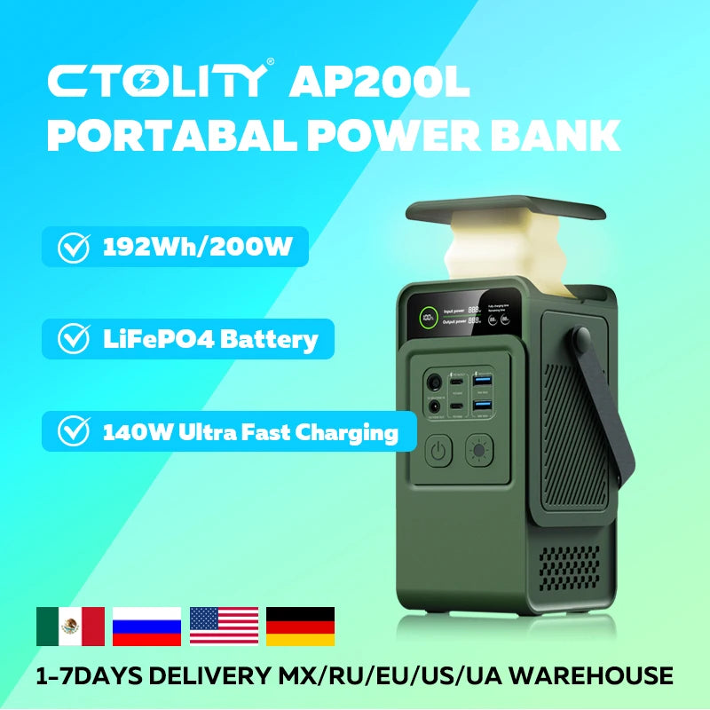 CTOLITY AP200L 192WH Portable Power Station PowerBank 200W 60000mAh LiFePo4 Batteries Solar Generator Camping Backup Power