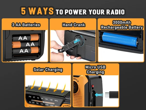 3000mAh Portable Emergency Solar Power Radio Hand Crank Charging AM/FM Weather Radio Led Reading Flashlight Bank Phone Charger