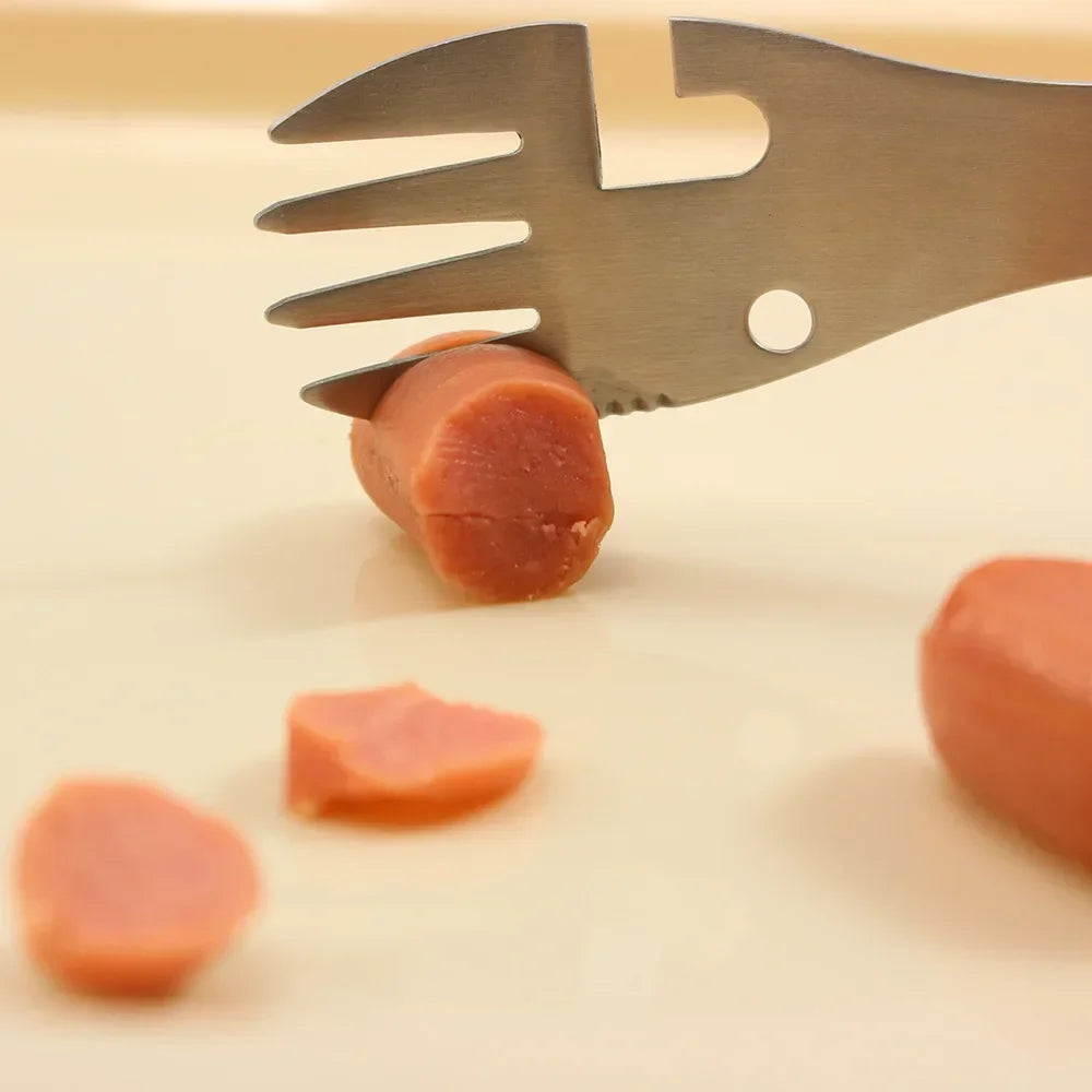 5-in-1 Stainless Steel Outdoor Multitool – Fork, Spoon, Knife, Bottle & Can Opener | BasicSurvivalGear.com