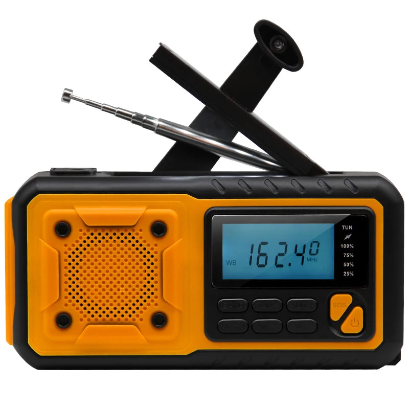 Radio de emergencia con manivela de 5000 mAh/18 500 mWh, radio de alerta meteorológica AM FM NOAA, pantalla digital, manivela de 4 vías, radio solar