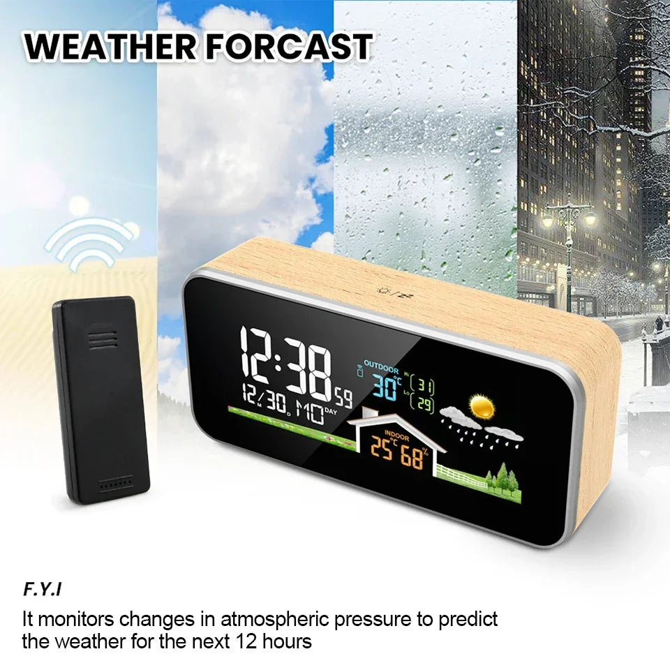 Wireless Indoor & Outdoor Weather Station with Wooden Alarm Clock, Digital Thermometer & Hygrometer, Remote Sensor