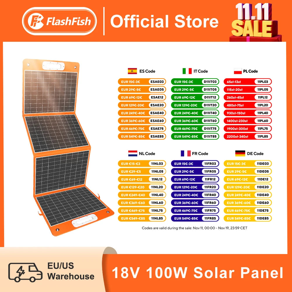 FF FlashFish Foldable Solar Panel 100W 18V Outdoor Solar Charger DC Type-c/QC3.0 Output Charge for Power Station Solar Generator