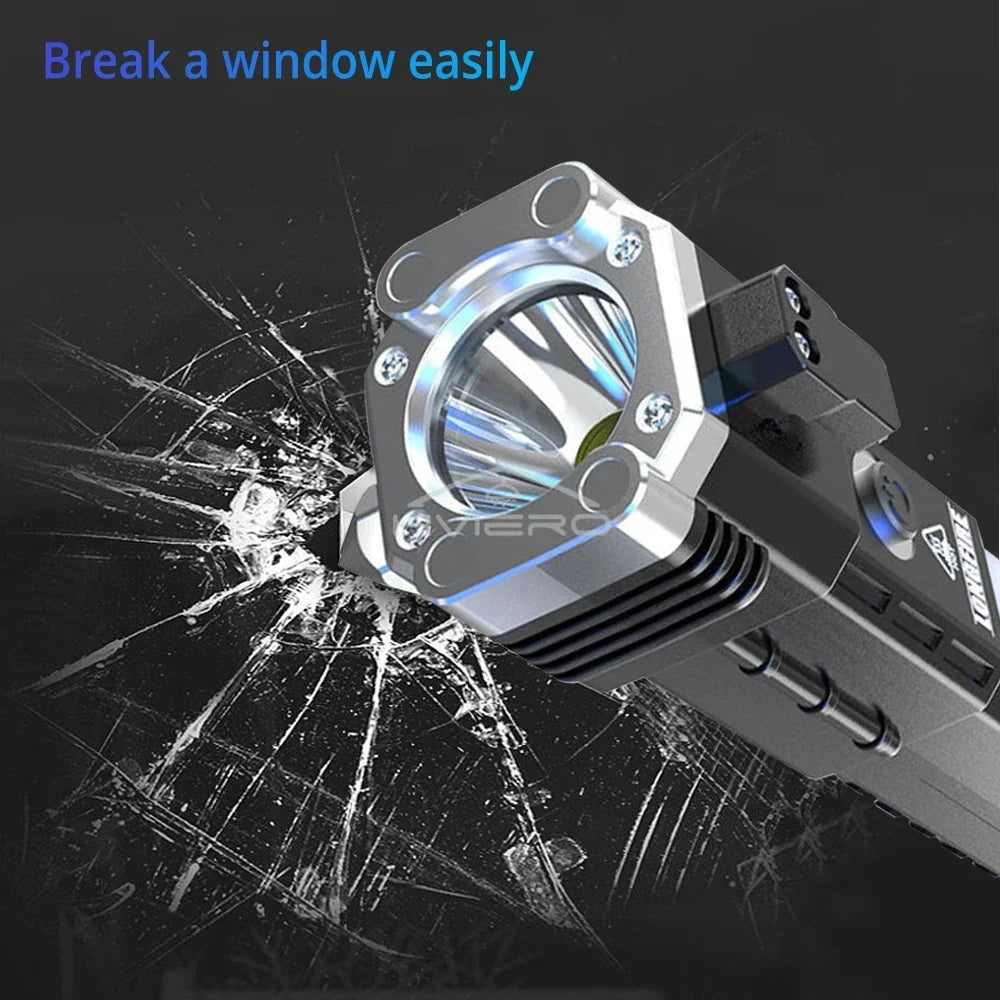 Rechargeable Vehicle Emergency Flashlight with Safety Hammer & Power Bank – Waterproof LED Survival Light