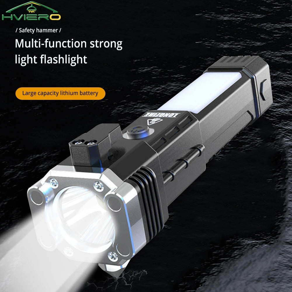 Rechargeable Vehicle Emergency Flashlight with Safety Hammer & Power Bank – Waterproof LED Survival Light