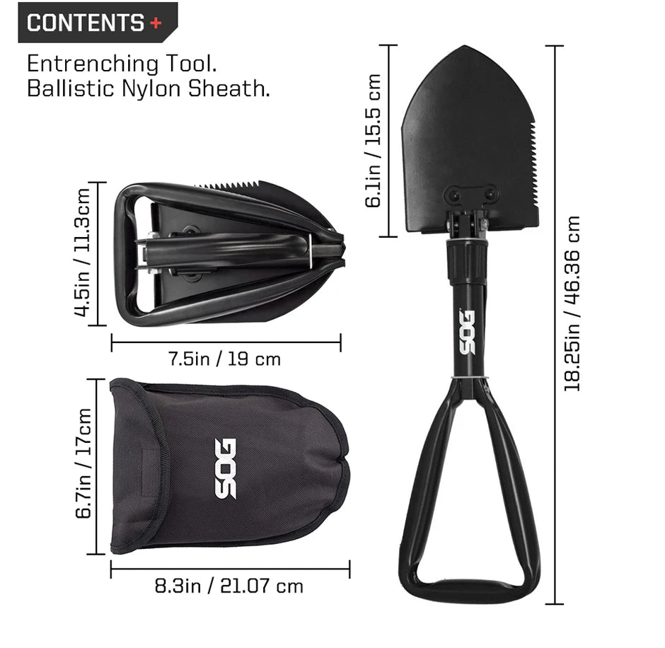 SOG Folding Shovel, Outdoor Camping Supplies, 18.25 Inch Folding Survival Shovel with Saw Edge and Tactical Shovel Carry Case