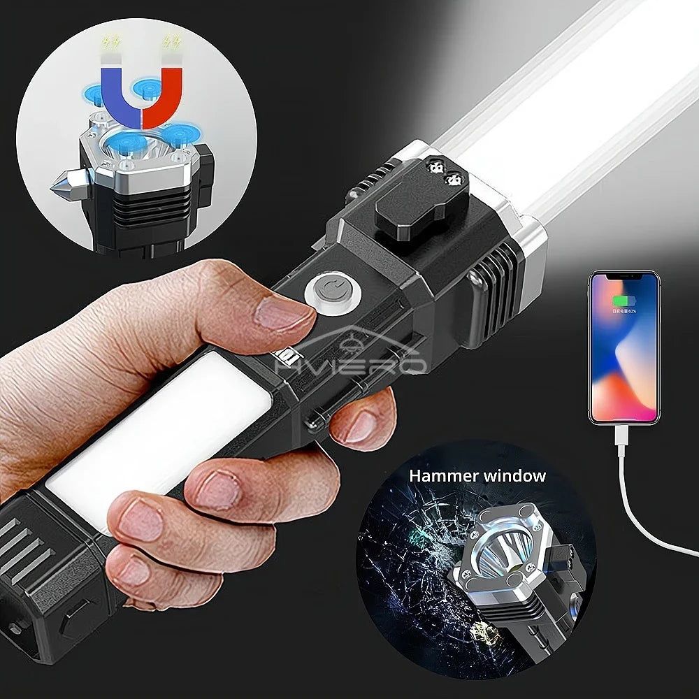 Rechargeable Vehicle Emergency Flashlight with Safety Hammer & Power Bank – Waterproof LED Survival Light