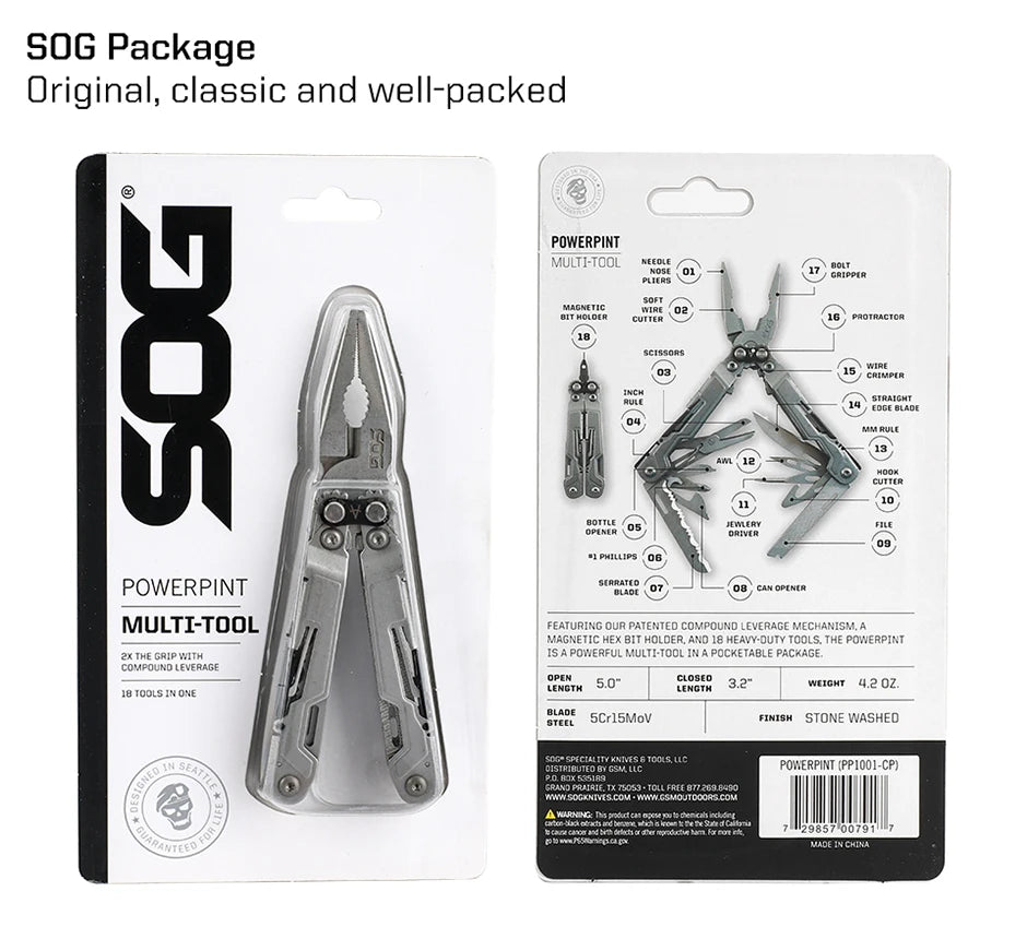 SOG PowerPint 18 - in - 1 Tactical Multi - Tool with Folding Pliers & Knife - Compact EDC Gear for Outdoor Camping, Survival & Hiking - BSG