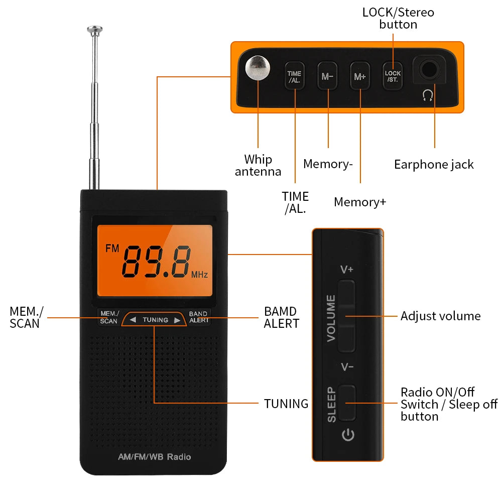 Radio Portable AM FM Radio Mini Emergency Handheld Pocket Built-in Speaker Weather Radio Station With Headphone Jack Alarm Clock