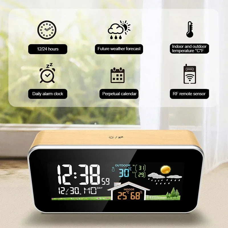 Wireless Indoor & Outdoor Weather Station with Wooden Alarm Clock, Digital Thermometer & Hygrometer, Remote Sensor