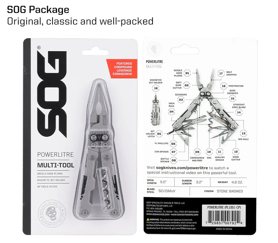 SOG 19 in 1 PowerLitre Folding Pliers Knife EDC Mini Multi - Tools Pocket Scissor Portable Outdoor Survival Multitools PL1001 - CP - BSG