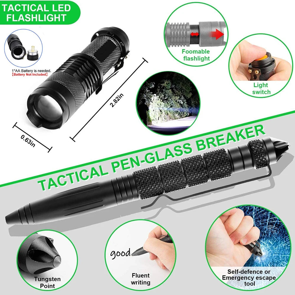 Kit de primeros auxilios para coche con rompeventanas, kit de supervivencia de emergencia portátil para exteriores, equipo de acampada y senderismo.