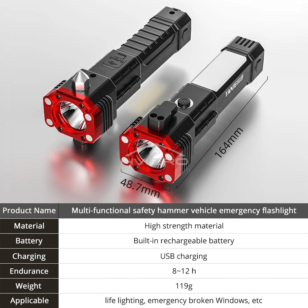 Rechargeable Vehicle Emergency Flashlight with Safety Hammer & Power Bank – Waterproof LED Survival Light