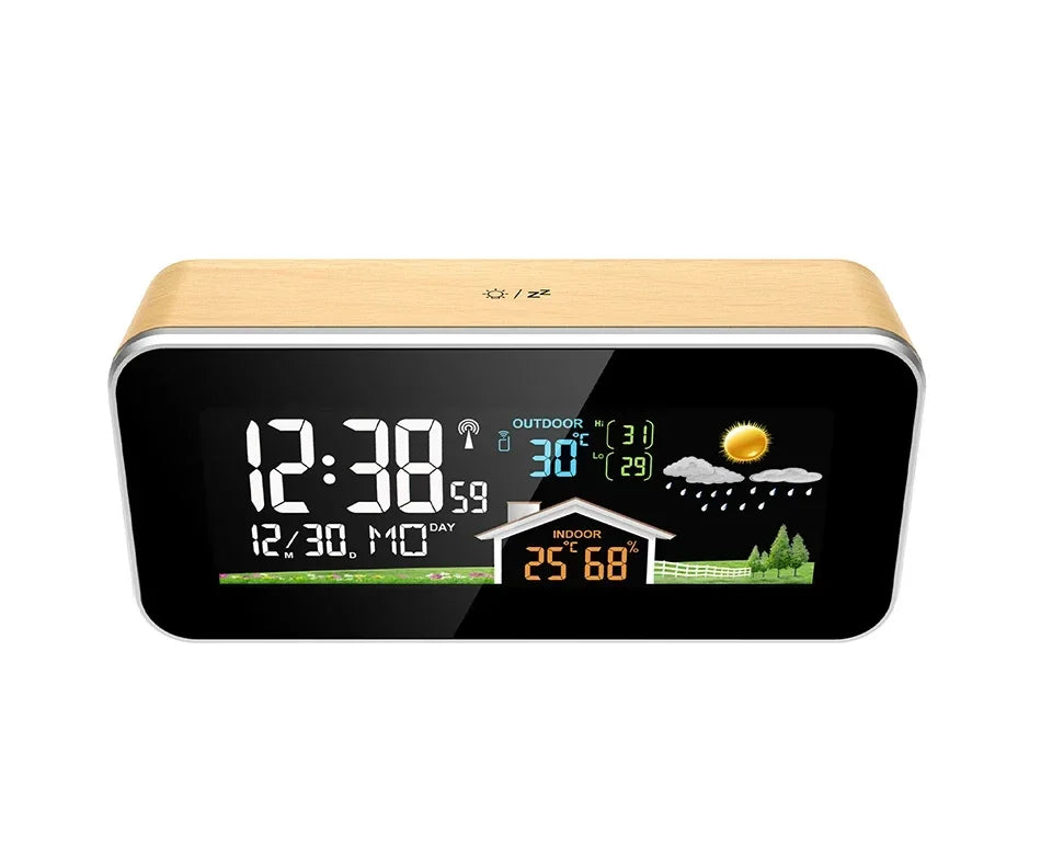 Wireless Indoor & Outdoor Weather Station with Wooden Alarm Clock, Digital Thermometer & Hygrometer, Remote Sensor