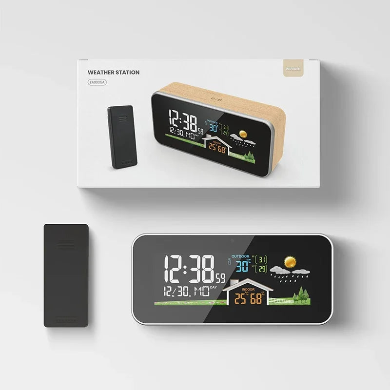 Wireless Indoor & Outdoor Weather Station with Wooden Alarm Clock, Digital Thermometer & Hygrometer, Remote Sensor