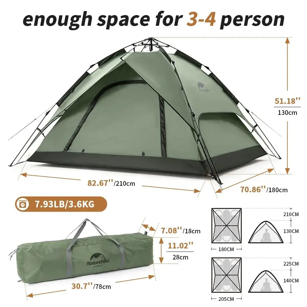 Naturehike Camping Automatic Tent One Touch Waterproof Roof Top Tents Double Door 3 Person Tent Outdoor Beach Fish Shelter Tent - BSG