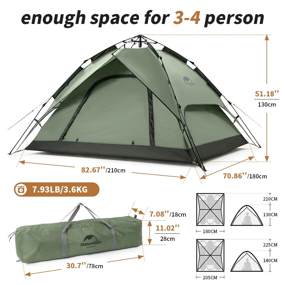 Naturehike Camping Automatic Tent One Touch Waterproof Roof Top Tents Double Door 3 Person Tent Outdoor Beach Fish Shelter Tent - BSG