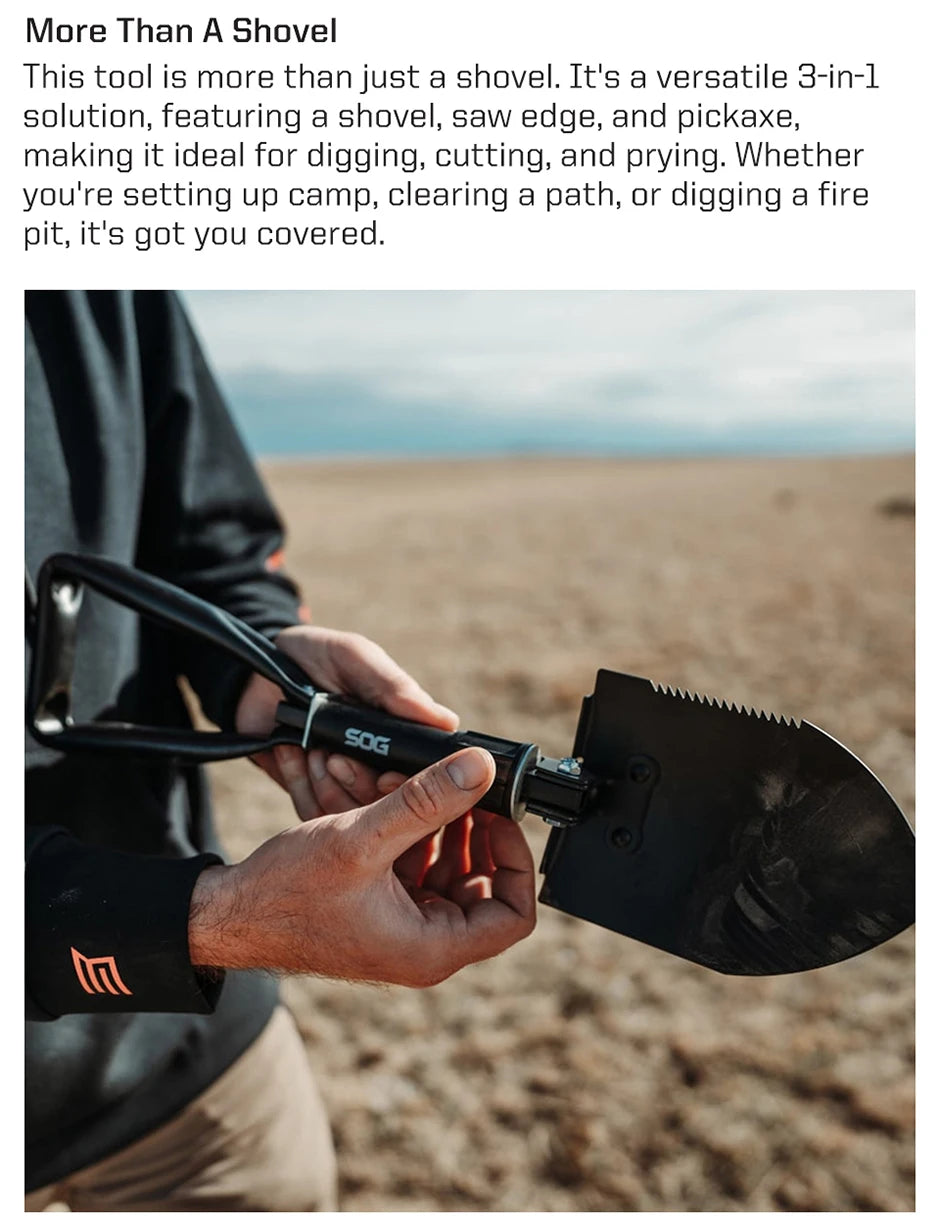 SOG Folding Shovel, Outdoor Camping Supplies, 18.25 Inch Folding Survival Shovel with Saw Edge and Tactical Shovel Carry Case