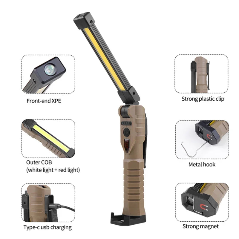 Rechargeable LED Work Light & Camping Flashlight with Red Light Modes – Waterproof Power Bank Utility Lamp