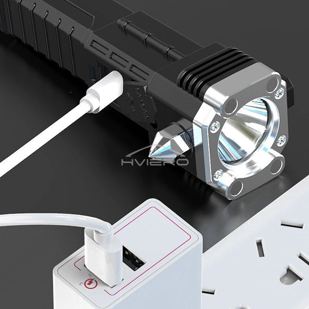 Rechargeable Vehicle Emergency Flashlight with Safety Hammer & Power Bank – Waterproof LED Survival Light