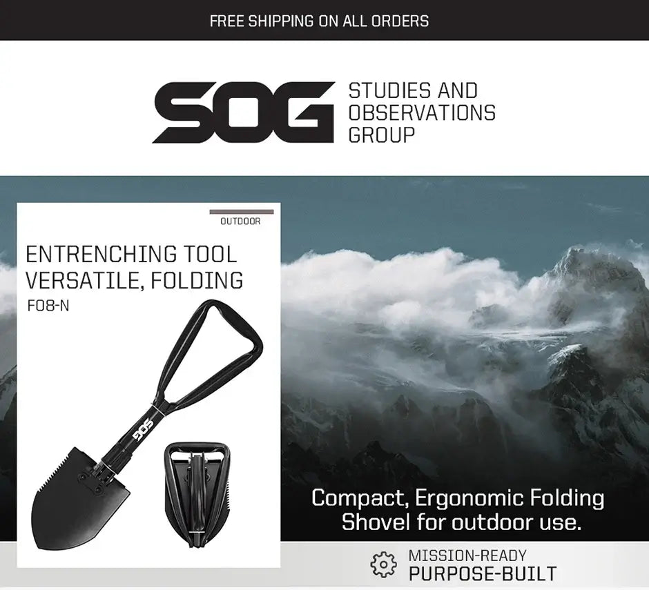 SOG Folding Shovel, Outdoor Camping Supplies, 18.25 Inch Folding Survival Shovel with Saw Edge and Tactical Shovel Carry Case