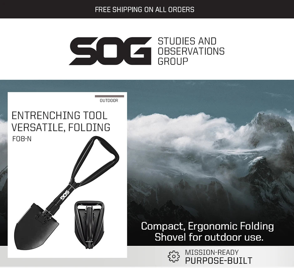 SOG Folding Shovel, Outdoor Camping Supplies, 18.25 Inch Folding Survival Shovel with Saw Edge and Tactical Shovel Carry Case