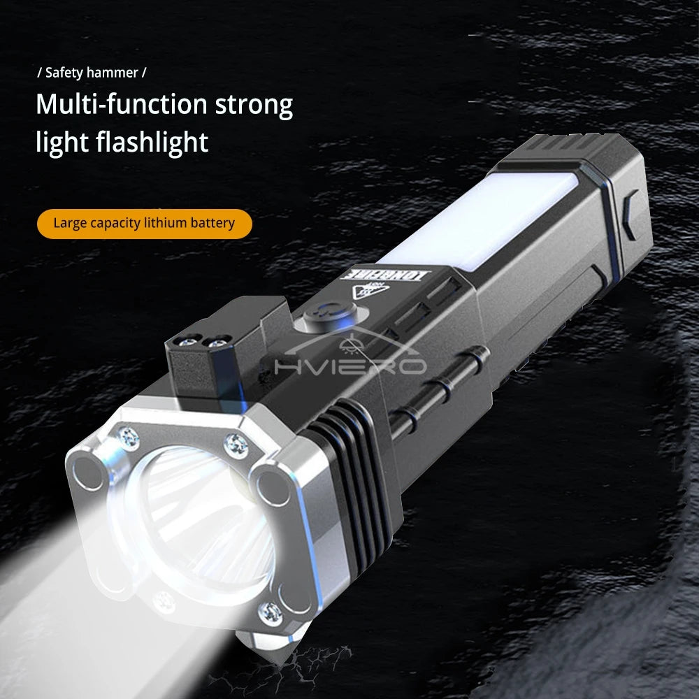 Rechargeable Vehicle Emergency Flashlight with Safety Hammer & Power Bank – Waterproof LED Survival Light
