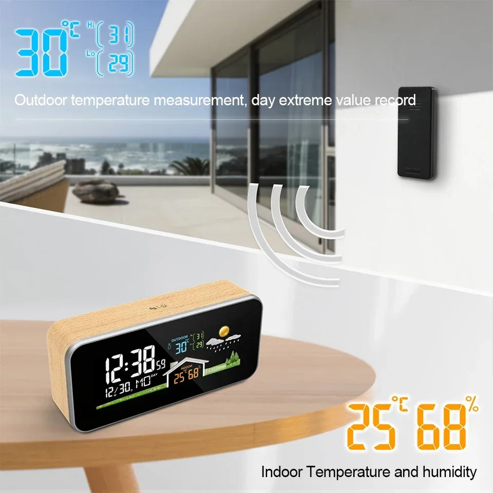 Wireless Indoor & Outdoor Weather Station with Wooden Alarm Clock, Digital Thermometer & Hygrometer, Remote Sensor