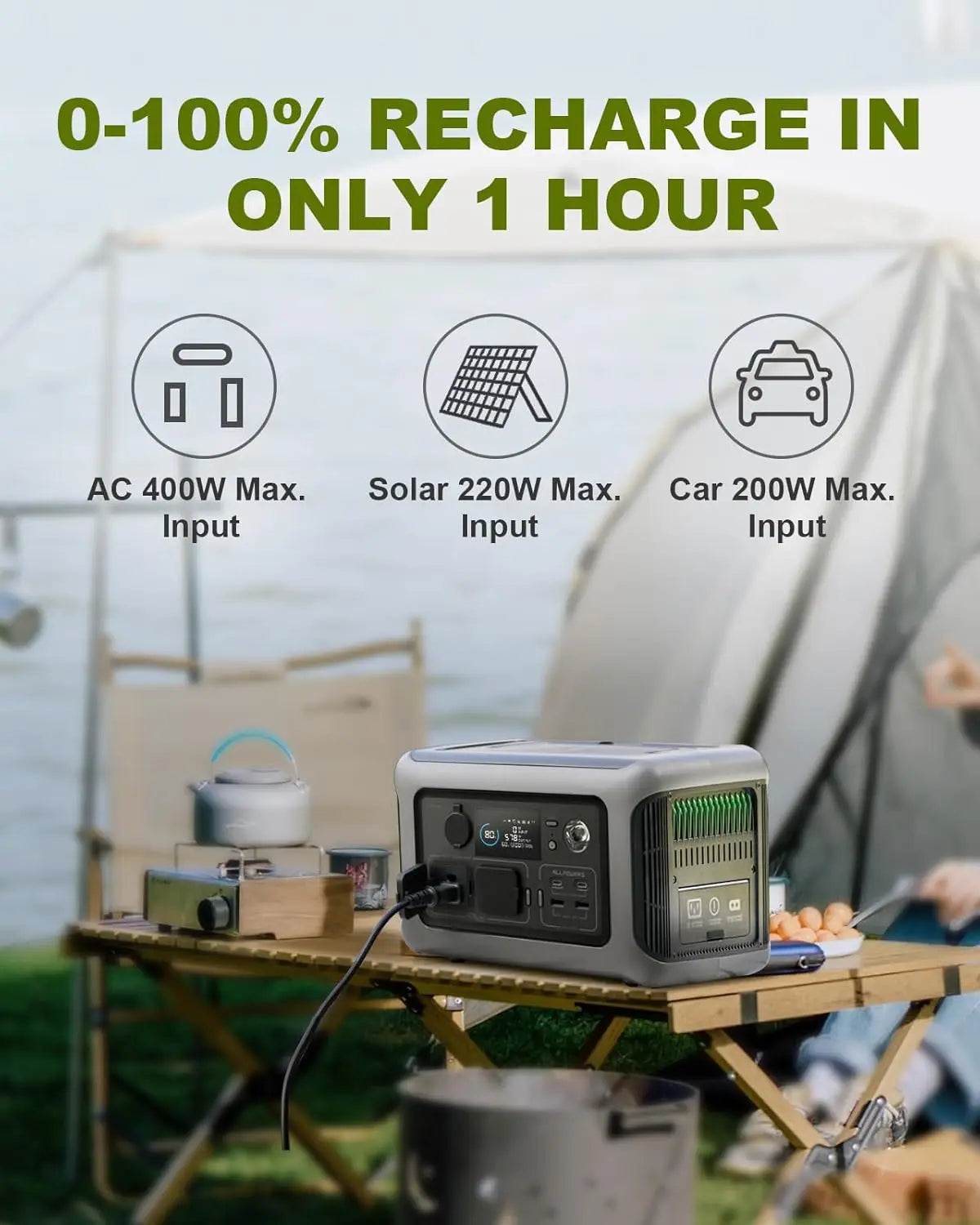 Generador solar ALLPOWERS R600 con panel solar (opcional), estación de energía portátil LiFePO4 de 600 W y 299 Wh con cargador solar para campamento