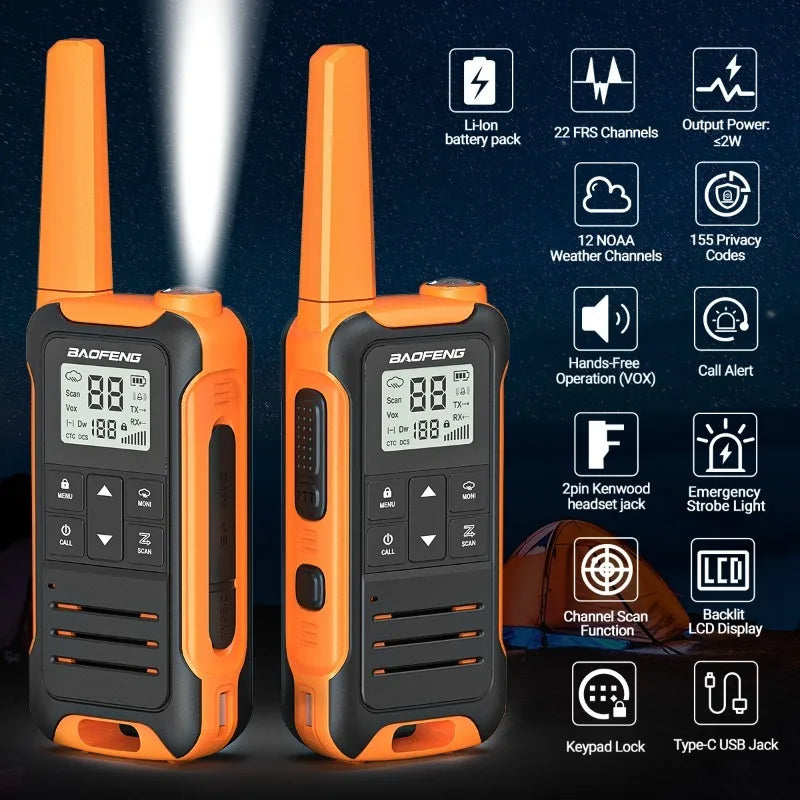 Baofeng FR22 Walkie-talkie PMR/FRS Outdoor Waterproof Radios TYPE-C Cable One Pair of Radios Orange Two Sets of Walkie Talkie