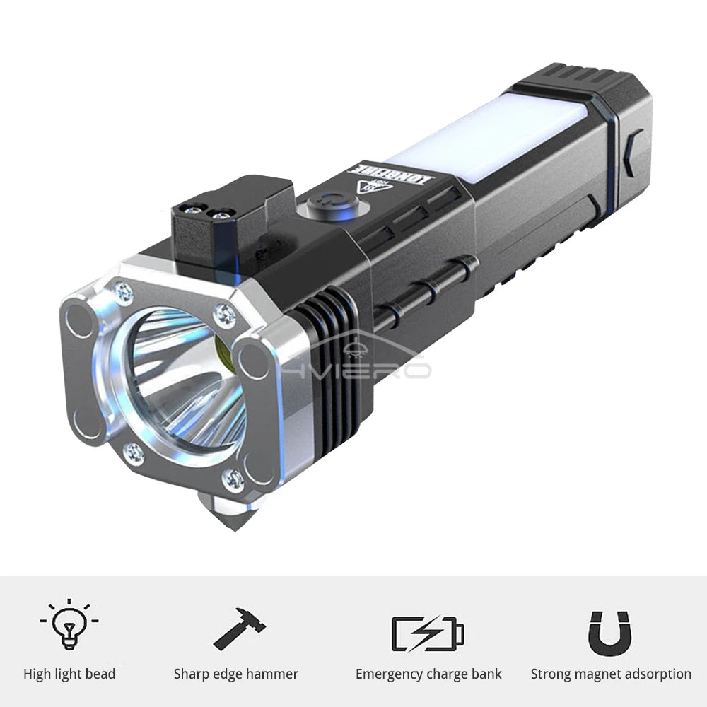 Rechargeable Vehicle Emergency Flashlight with Safety Hammer & Power Bank – Waterproof LED Survival Light
