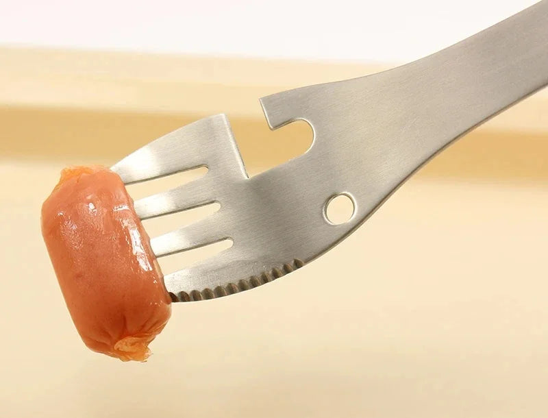 Multiherramienta 5 en 1 de acero inoxidable para exteriores: tenedor, cuchara, cuchillo, abrebotellas y abrelatas | BasicSurvivalGear.com