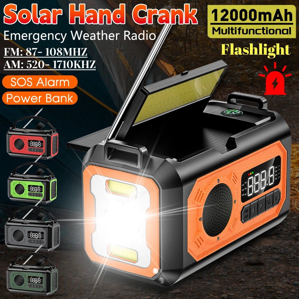 12000mAh NOAA Emergency Weather Radio – Solar/Hand-Crank Power, Flashlight, Reading Lamp & Power Bank