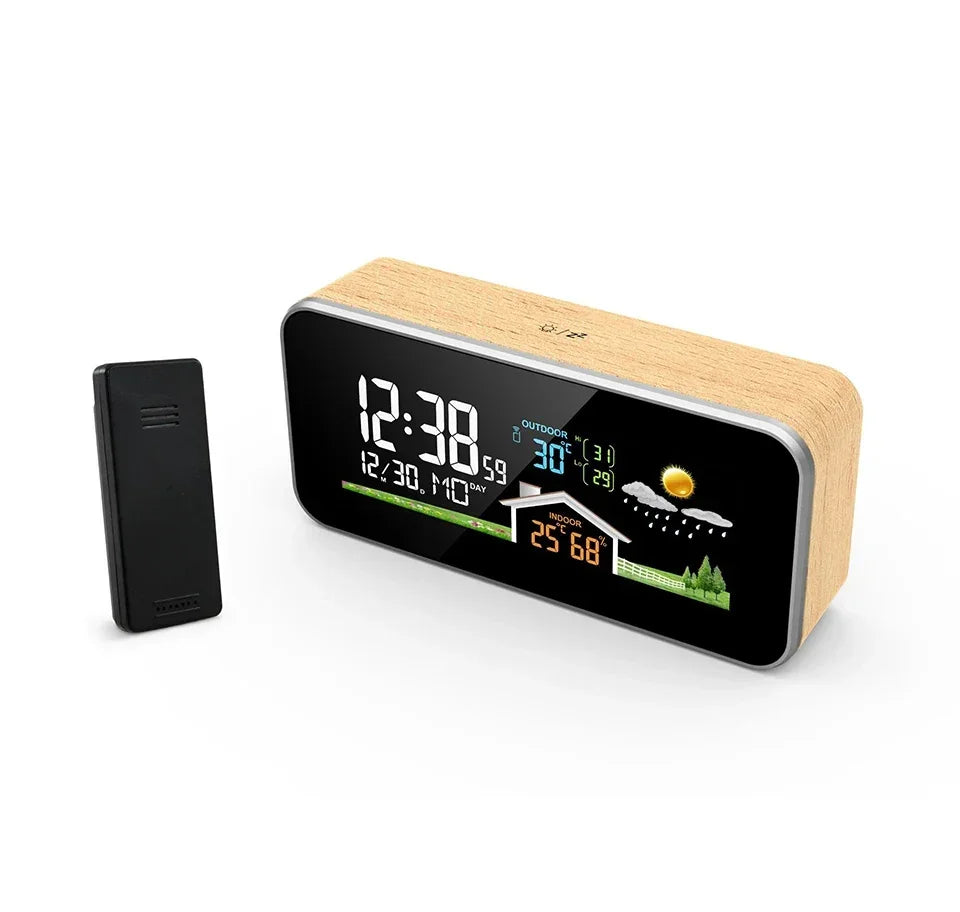 Wireless Indoor & Outdoor Weather Station with Wooden Alarm Clock, Digital Thermometer & Hygrometer, Remote Sensor
