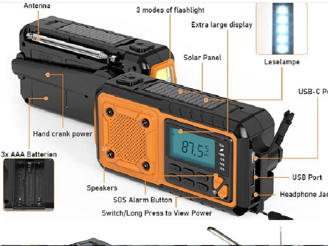 Radio de emergencia con manivela de 5000 mAh/18 500 mWh, radio de alerta meteorológica AM FM NOAA, pantalla digital, manivela de 4 vías, radio solar