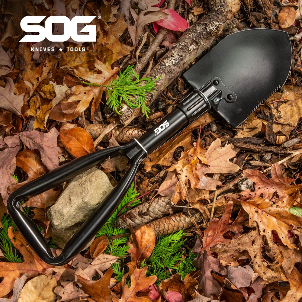 SOG Folding Shovel, Outdoor Camping Supplies, 18.25 Inch Folding Survival Shovel with Saw Edge and Tactical Shovel Carry Case