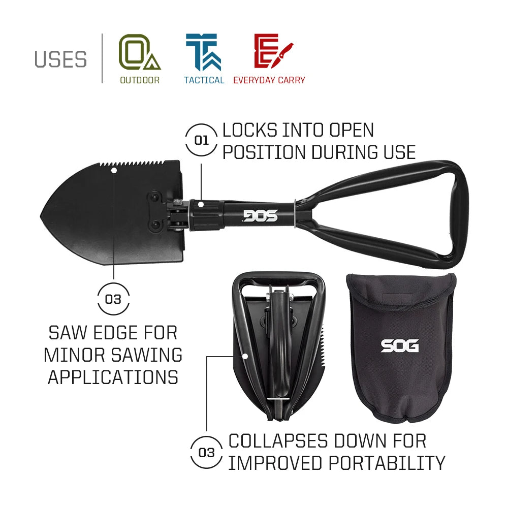 SOG Folding Shovel, Outdoor Camping Supplies, 18.25 Inch Folding Survival Shovel with Saw Edge and Tactical Shovel Carry Case