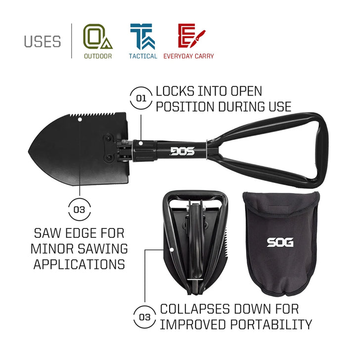 SOG Folding Shovel, Outdoor Camping Supplies, 18.25 Inch Folding Survival Shovel with Saw Edge and Tactical Shovel Carry Case