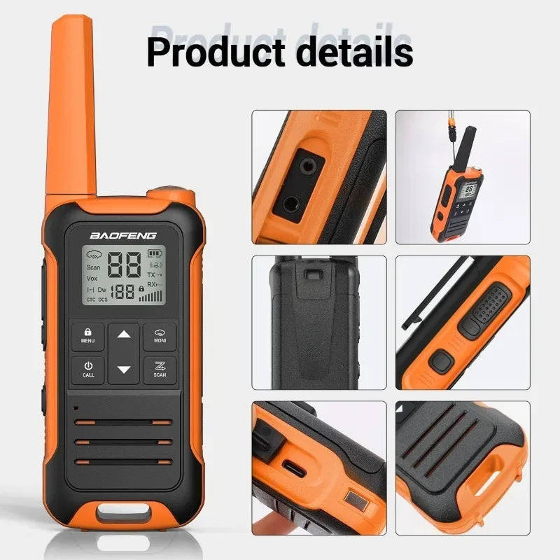 Baofeng FR22 Walkie-talkie PMR/FRS Outdoor Waterproof Radios TYPE-C Cable One Pair of Radios Orange Two Sets of Walkie Talkie