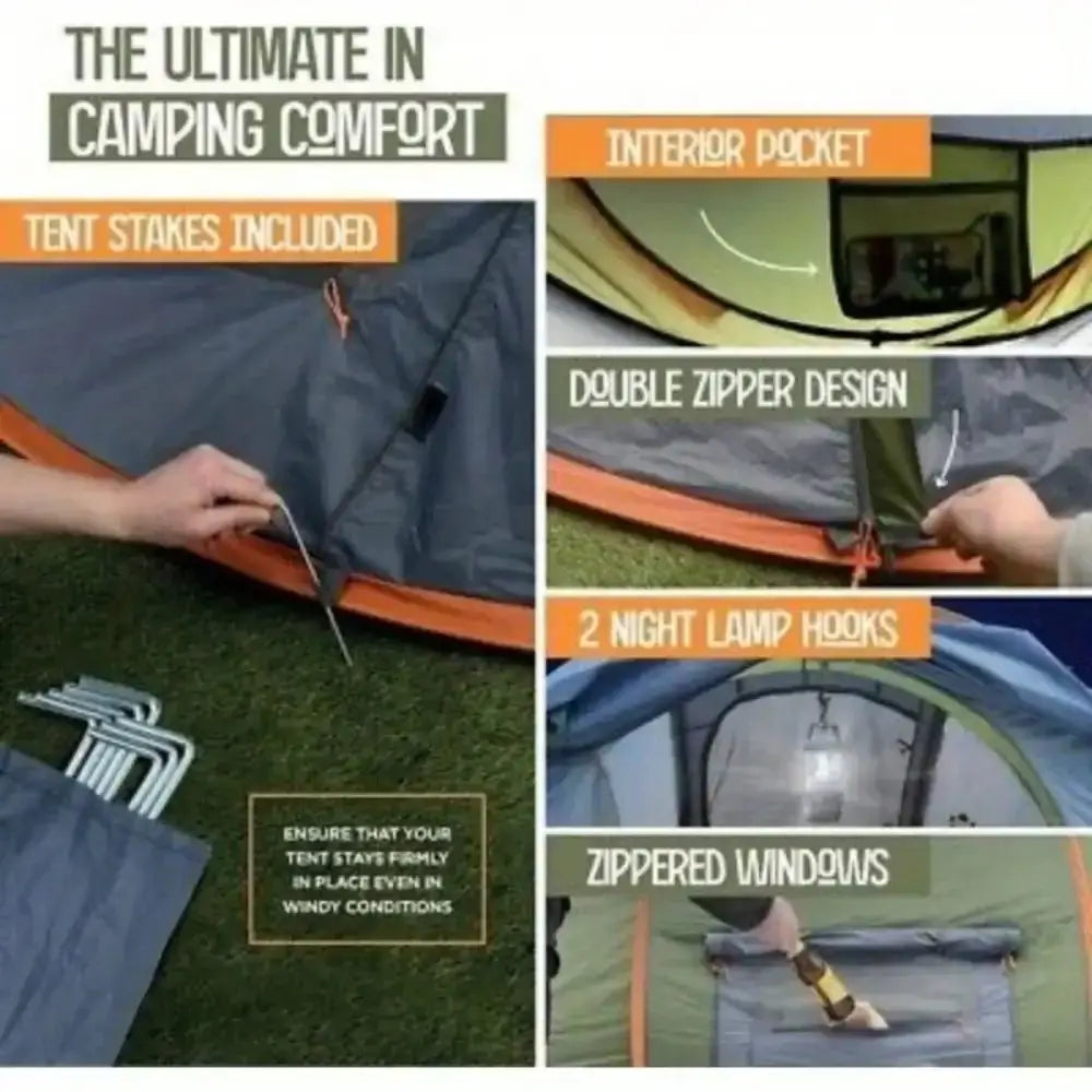 Camping Tent - 4 - Person Easy Pop Up Tent with 2 Doors - UPF50+ Waterproof - BSG