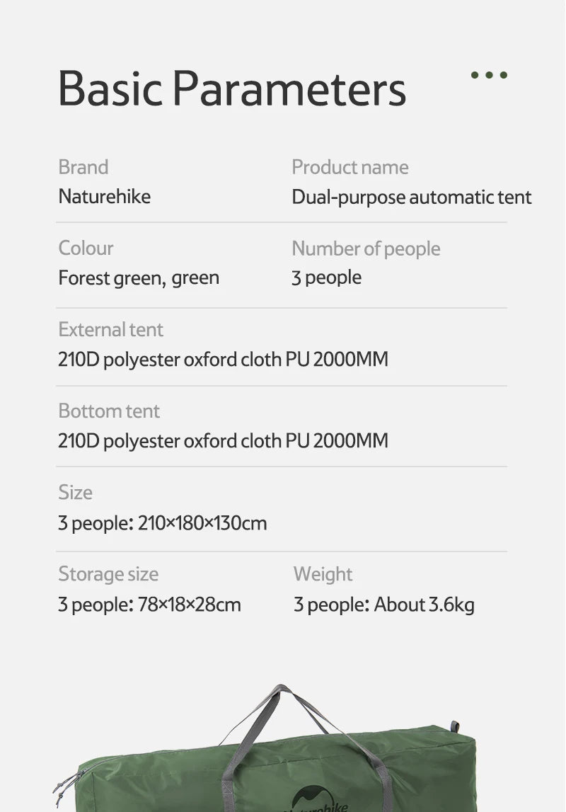 Naturehike Camping Automatic Tent One Touch Waterproof Roof Top Tents Double Door 3 Person Tent Outdoor Beach Fish Shelter Tent - BSG