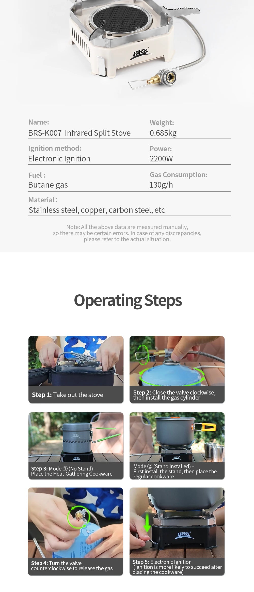 BRS-K007 - Estufa de cartucho de presión estable, portátil para exteriores, con quemador de gas infrarrojo para camping