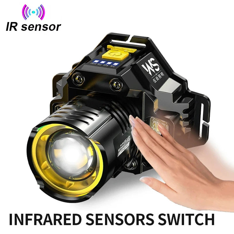 Linterna frontal LED de inducción recargable e impermeable: haz de 180°, carga tipo C, multimodo para exteriores | BasicSurvivalGear.com