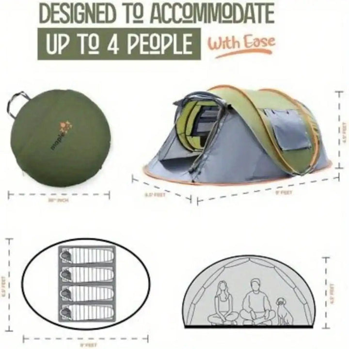 Camping Tent - 4 - Person Easy Pop Up Tent with 2 Doors - UPF50+ Waterproof - BSG