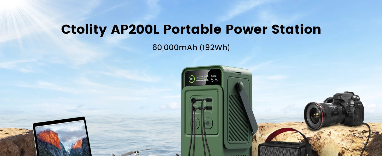CTOLITY AP200L 192WH Portable Power Station PowerBank 200W 60000mAh LiFePo4 Batteries Solar Generator Camping Backup Power