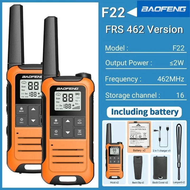 Baofeng FR22 Walkie-talkie PMR/FRS Outdoor Waterproof Radios TYPE-C Cable One Pair of Radios Orange Two Sets of Walkie Talkie