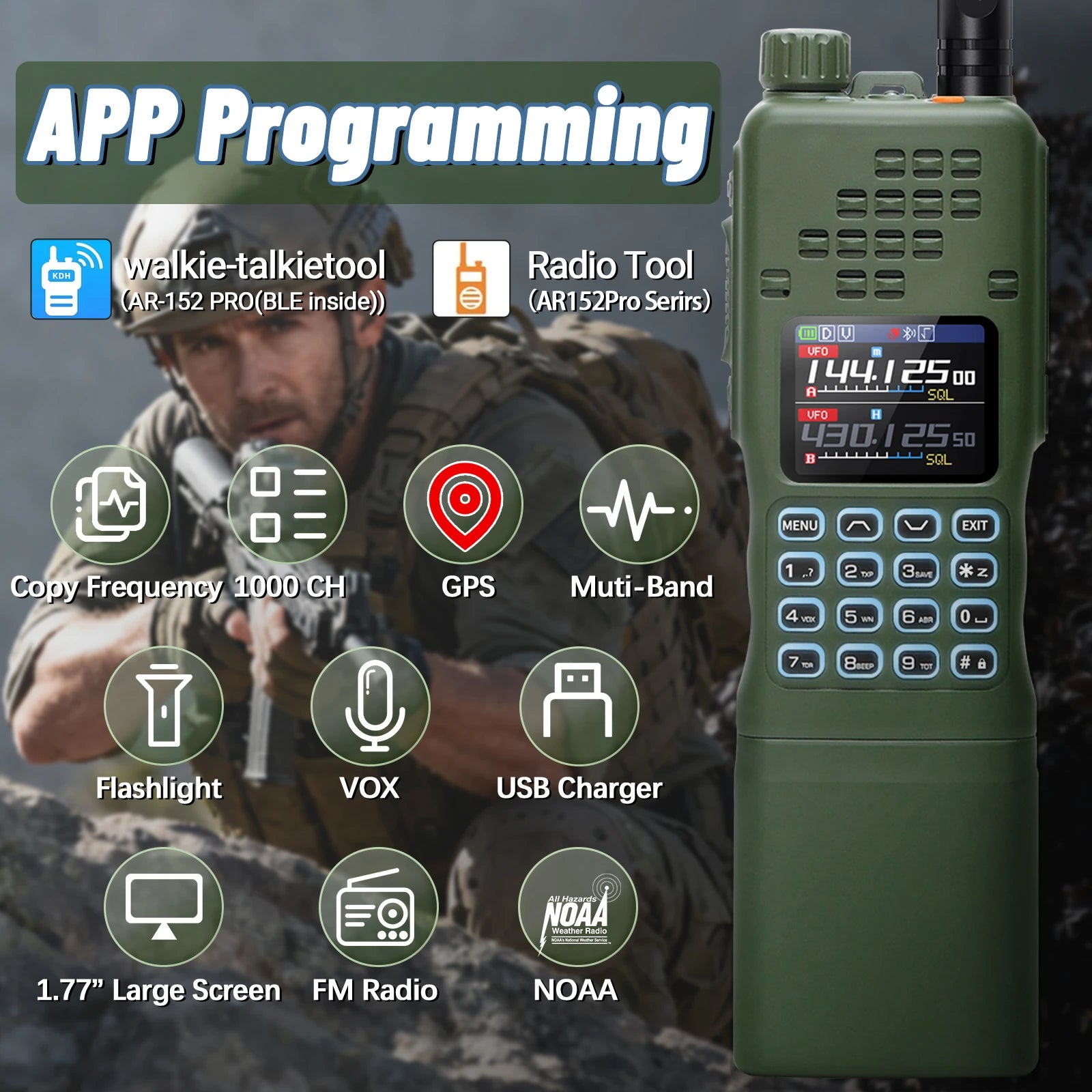 Walkie-talkie Baofeng AR-152 de 15 W, potente radio bidireccional CB, batería de 12000 mAh, transceptor táctico de largo alcance AN PRC-152 de doble banda
