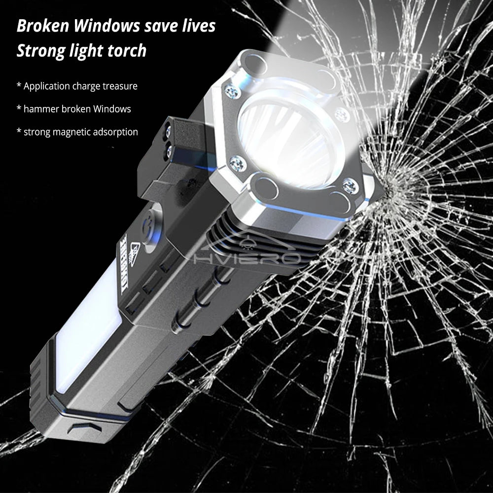 Rechargeable Vehicle Emergency Flashlight with Safety Hammer & Power Bank – Waterproof LED Survival Light