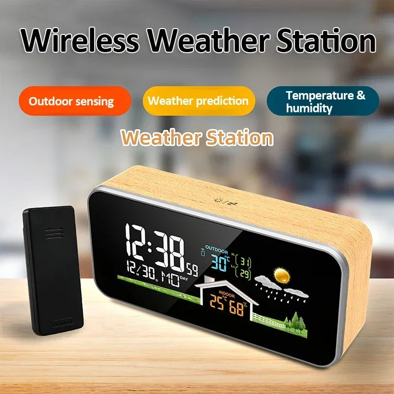 Wireless Indoor & Outdoor Weather Station with Wooden Alarm Clock, Digital Thermometer & Hygrometer, Remote Sensor